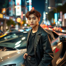 A young tall Korean male actor with stylish brown hair and alluring cat-shaped eyes, confidently standing beside a sleek, high-performance sports car