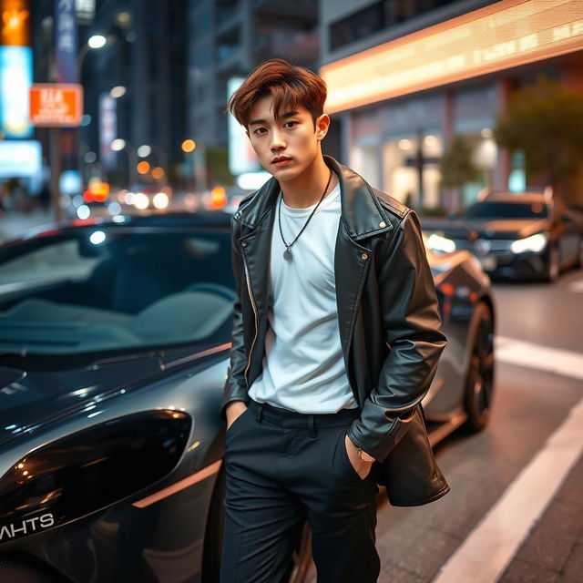 A young tall Korean male actor with stylish brown hair and alluring cat-shaped eyes, confidently standing beside a sleek, high-performance sports car