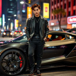 A young tall Korean male actor with stylish brown hair and alluring cat-shaped eyes, confidently standing beside a sleek, high-performance sports car