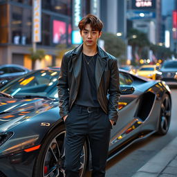 A young tall Korean male actor with stylish brown hair and alluring cat-shaped eyes, confidently standing beside a sleek, high-performance sports car