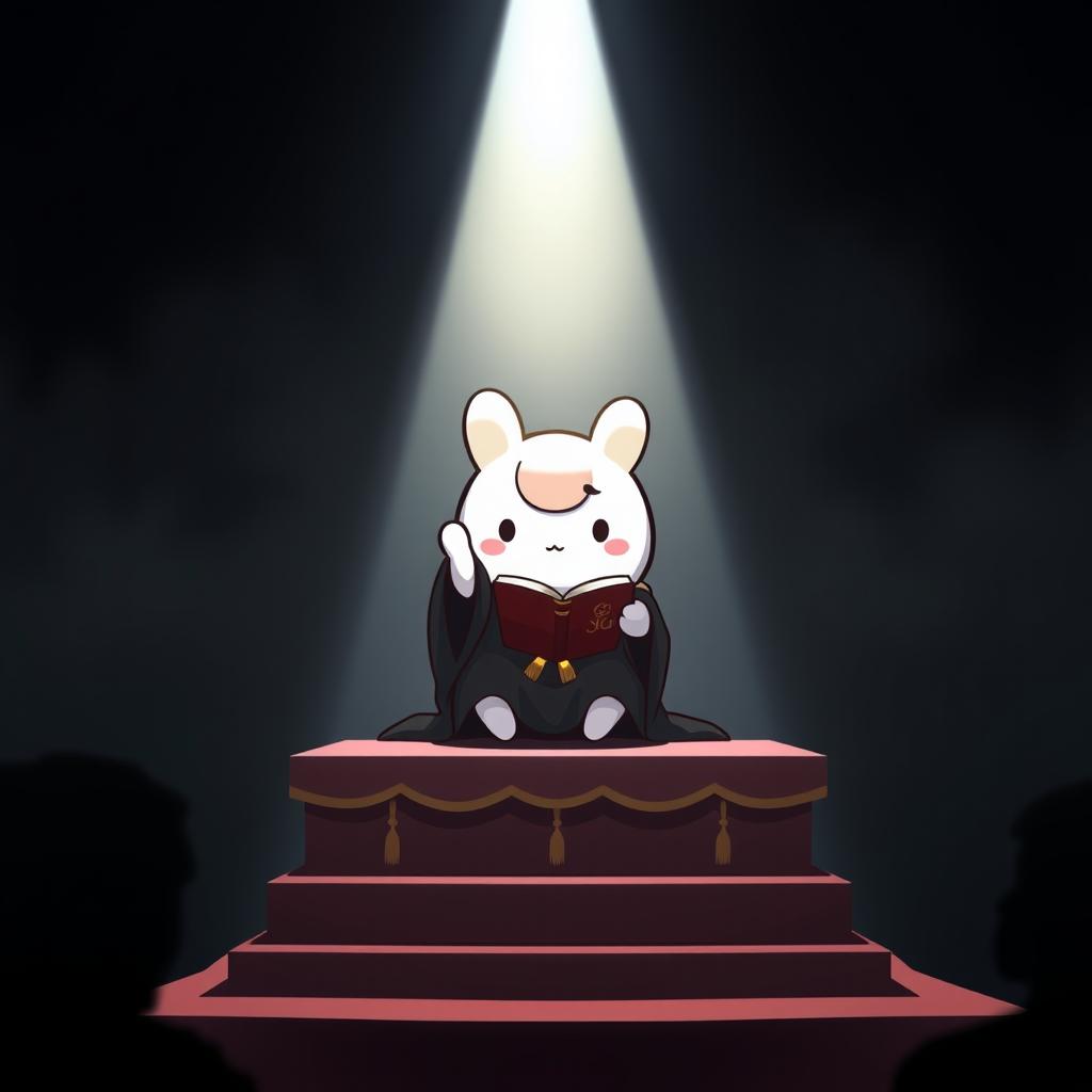 A Sanrio character, Cinnamoroll, is depicted seated on a raised platform, resembling an important ceremony