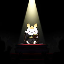 A Sanrio character, Cinnamoroll, is depicted seated on a raised platform, resembling an important ceremony