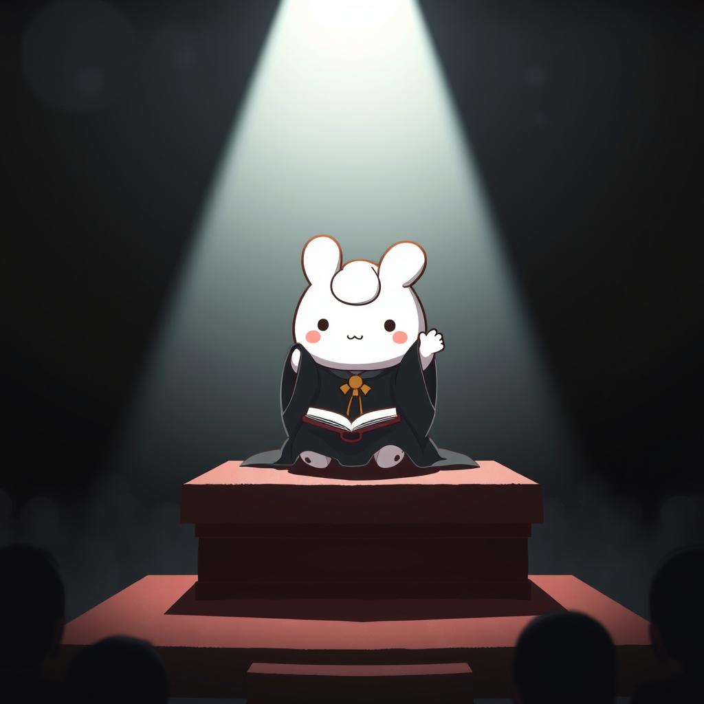 A Sanrio character, Cinnamoroll, is depicted seated on a raised platform, resembling an important ceremony