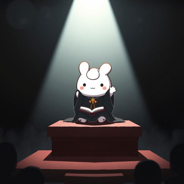 A Sanrio character, Cinnamoroll, is depicted seated on a raised platform, resembling an important ceremony