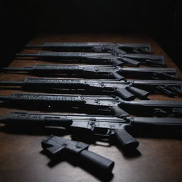 Assault rifles laid out on a table in a dimly lit environment