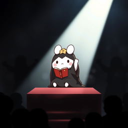 A Sanrio character, Cinnamoroll, is depicted seated on a raised platform, resembling an important ceremony