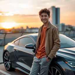 A young tall Korean male with stylish brown hair, confidently standing next to a sleek, sporty car