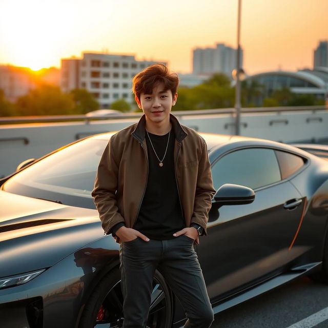 A young tall Korean male with stylish brown hair, confidently standing next to a sleek, sporty car