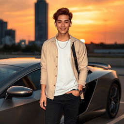 A young tall Korean male with stylish brown hair, confidently standing next to a sleek, sporty car