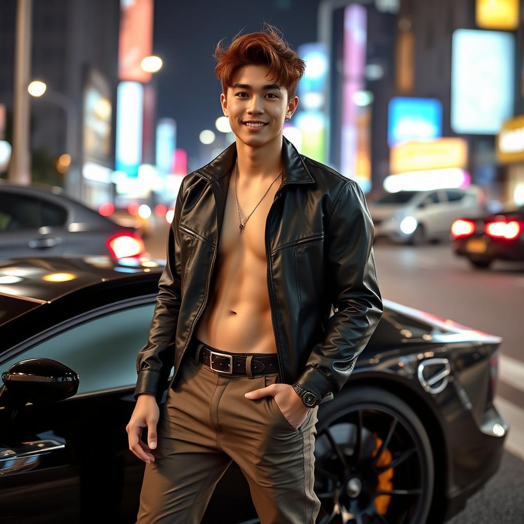 A young tall Korean male with stylish brown hair, exuding a hot and confident charisma, standing next to a glossy sports car