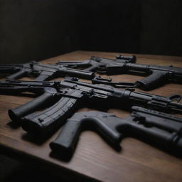 Assault rifles laid out on a table in a dimly lit environment