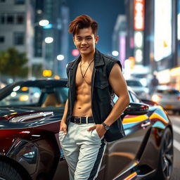 A young tall Korean male with stylish brown hair, exuding a hot and confident charisma, standing next to a glossy sports car