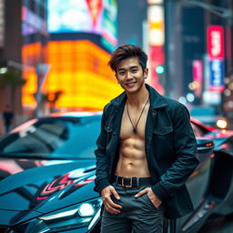 A young tall Korean male with stylish brown hair, exuding a hot and confident charisma, standing next to a glossy sports car