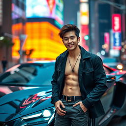 A young tall Korean male with stylish brown hair, exuding a hot and confident charisma, standing next to a glossy sports car