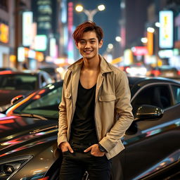 A young tall Korean male with stylish brown hair, exuding a hot and confident charisma, standing next to a glossy sports car