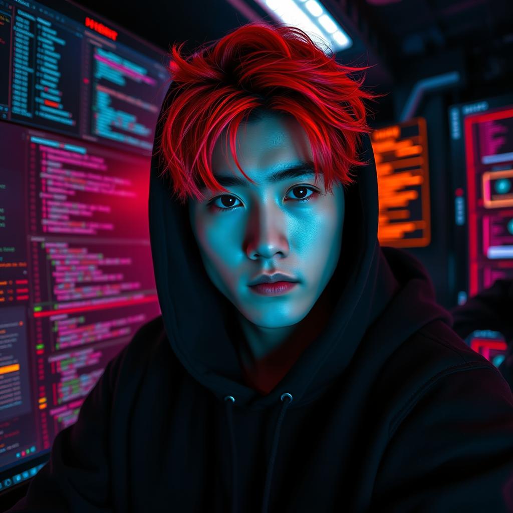 A hot male Korean with striking bright red hair peeking out from under a black hoodie, embodying the edgy look of a computer hacker