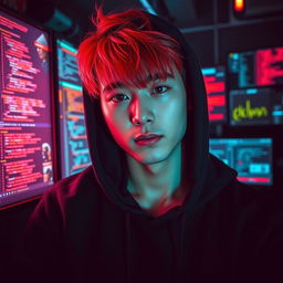 A hot male Korean with striking bright red hair peeking out from under a black hoodie, embodying the edgy look of a computer hacker