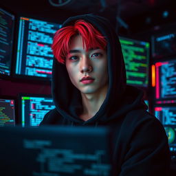 A hot male Korean with striking bright red hair peeking out from under a black hoodie, embodying the edgy look of a computer hacker