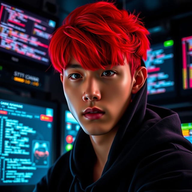 A hot male Korean with striking bright red hair peeking out from under a black hoodie, embodying the edgy look of a computer hacker