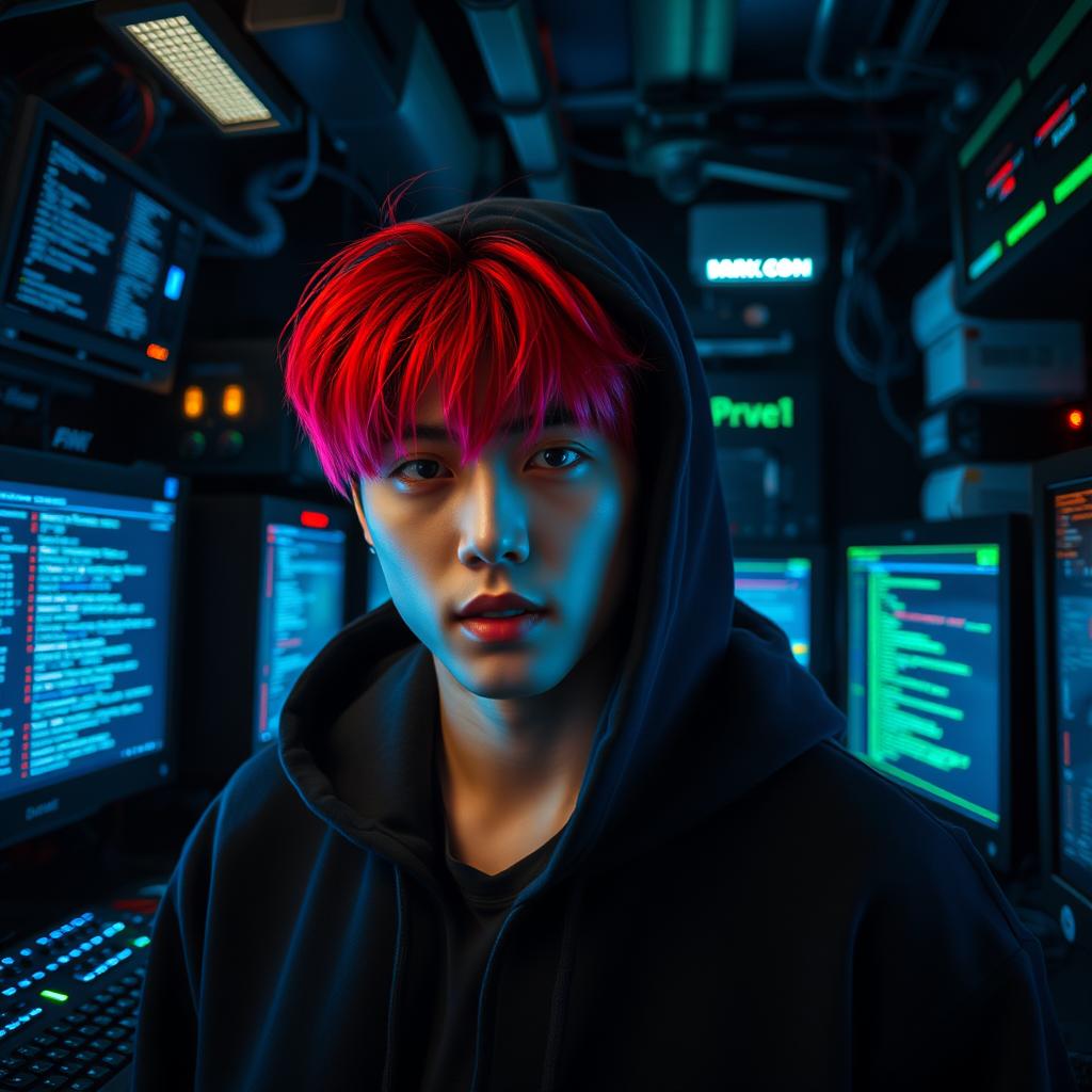 A hot male Korean, featuring striking bright red strands in his hair, partially hidden under a black hoodie, embodying the persona of a skilled computer hacker