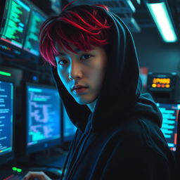 A hot male Korean, featuring striking bright red strands in his hair, partially hidden under a black hoodie, embodying the persona of a skilled computer hacker