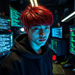 A hot male Korean, featuring striking bright red strands in his hair, partially hidden under a black hoodie, embodying the persona of a skilled computer hacker