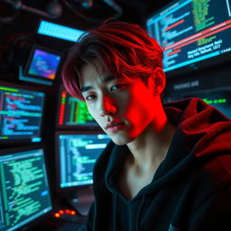 A hot male Korean, featuring striking bright red strands in his hair, partially hidden under a black hoodie, embodying the persona of a skilled computer hacker