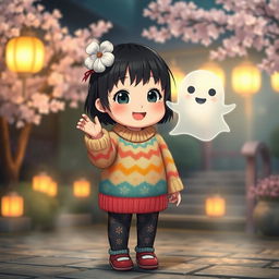 A charming short and chubby Japanese girl with bright, expressive eyes and a playful smile, dressed in a cozy, colorful sweater and cute patterned leggings