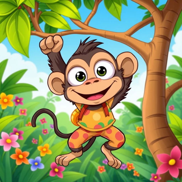 A whimsical cartoon-style illustration of John, the Bus-Eyed Ape, a playful and friendly ape with oversized cartoonish eyes resembling the windows of a bus