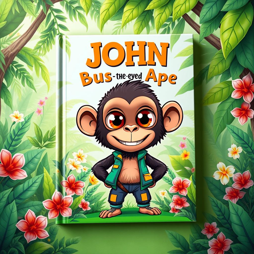 A captivating book cover design for 'John, the Bus-Eyed Ape' featuring the titular character, John, a whimsical ape with oversized cartoonish eyes that resemble bus windows