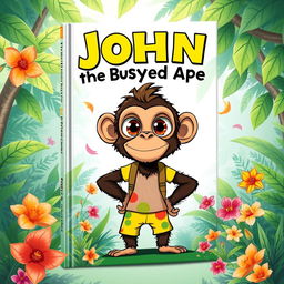 A captivating book cover design for 'John, the Bus-Eyed Ape' featuring the titular character, John, a whimsical ape with oversized cartoonish eyes that resemble bus windows