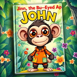 A captivating book cover design for 'John, the Bus-Eyed Ape' featuring the titular character, John, a whimsical ape with oversized cartoonish eyes that resemble bus windows