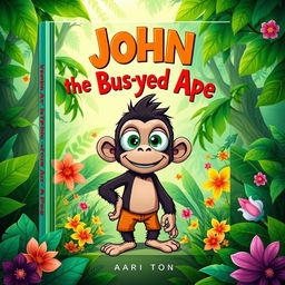 A captivating book cover design for 'John, the Bus-Eyed Ape' featuring the titular character, John, a whimsical ape with oversized cartoonish eyes that resemble bus windows