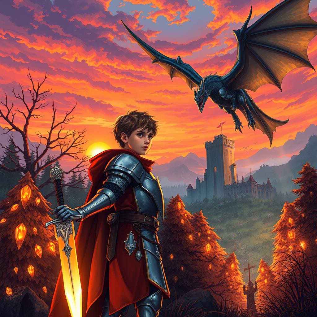 A dynamic illustration capturing the essence of a fantastical medieval scene where a young knight clad in shining armor, holding a glowing sword, stands confidently at the edge of a mystical forest