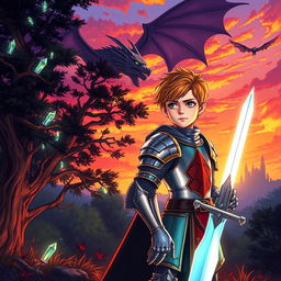 A dynamic illustration capturing the essence of a fantastical medieval scene where a young knight clad in shining armor, holding a glowing sword, stands confidently at the edge of a mystical forest