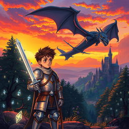 A dynamic illustration capturing the essence of a fantastical medieval scene where a young knight clad in shining armor, holding a glowing sword, stands confidently at the edge of a mystical forest