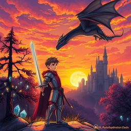 A dynamic illustration capturing the essence of a fantastical medieval scene where a young knight clad in shining armor, holding a glowing sword, stands confidently at the edge of a mystical forest