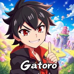 An engaging anime banner featuring a character named Gatoro, who is depicted with a charming smirk and a playful wink