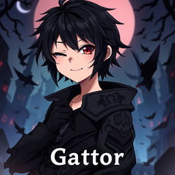 An engaging anime banner featuring a character named Gatoro, who is depicted with a charming and mischievous smile, playfully winking at the viewer