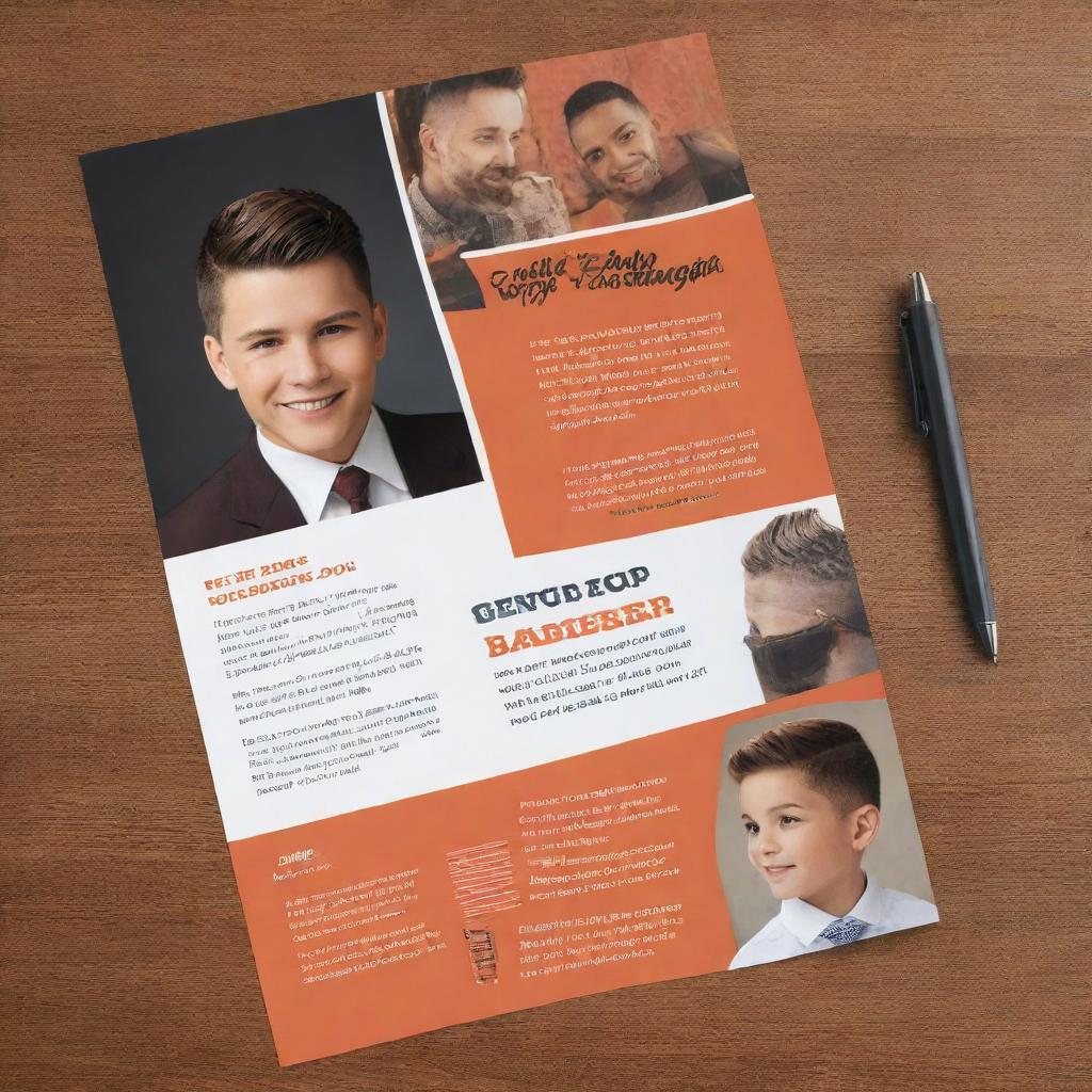 Design a vibrant back-to-school brochure featuring a special promotion for a barber shop haircut.