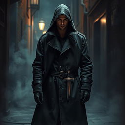 A mysterious rogue clad in a flowing black coat, surrounded by shadows and intrigue