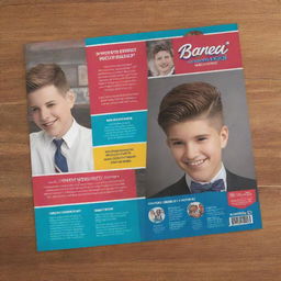 Design a vibrant back-to-school brochure featuring a special promotion for a barber shop haircut.