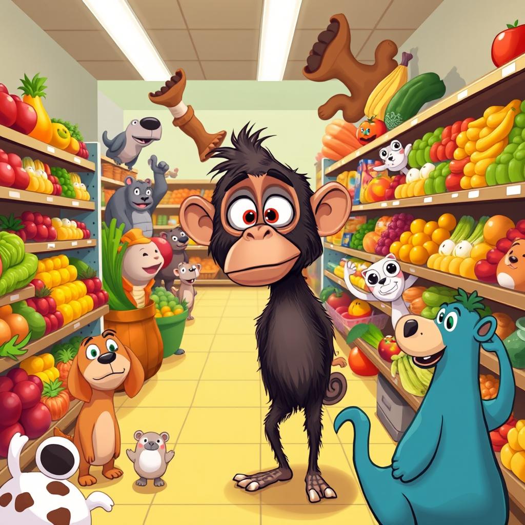 A whimsical illustration of Buster, a bus-eyed ape, standing in a lively grocery store