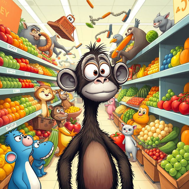 A whimsical illustration of Buster, a bus-eyed ape, standing in a lively grocery store