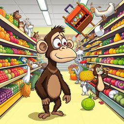 A whimsical illustration of Buster, a bus-eyed ape, standing in a lively grocery store