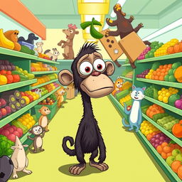 A whimsical illustration of Buster, a bus-eyed ape, standing in a lively grocery store