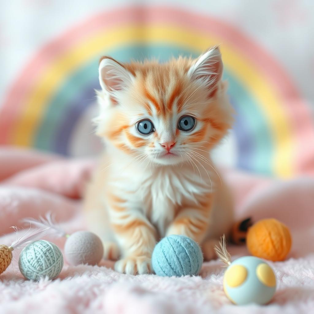 A cute, fluffy kitten with pastel-colored fur, sitting playfully on a soft pastel-colored blanket