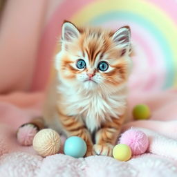 A cute, fluffy kitten with pastel-colored fur, sitting playfully on a soft pastel-colored blanket