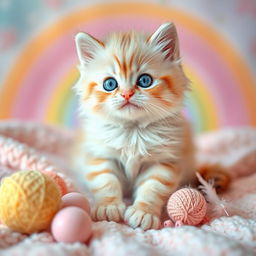 A cute, fluffy kitten with pastel-colored fur, sitting playfully on a soft pastel-colored blanket