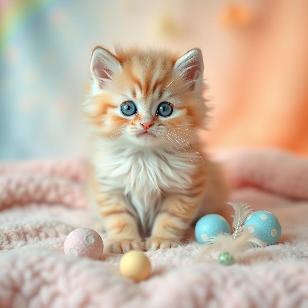 A cute, fluffy kitten with pastel-colored fur, sitting playfully on a soft pastel-colored blanket